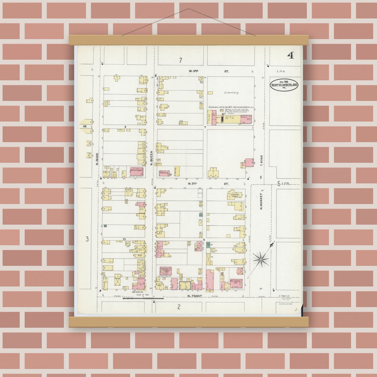 Old map wall art mockup — magnetic wood frame on brick wall — Sanborn Fire Insurance Map from Northumberland, Northumberland County, Pennsylvania (1906), Sheet #0004