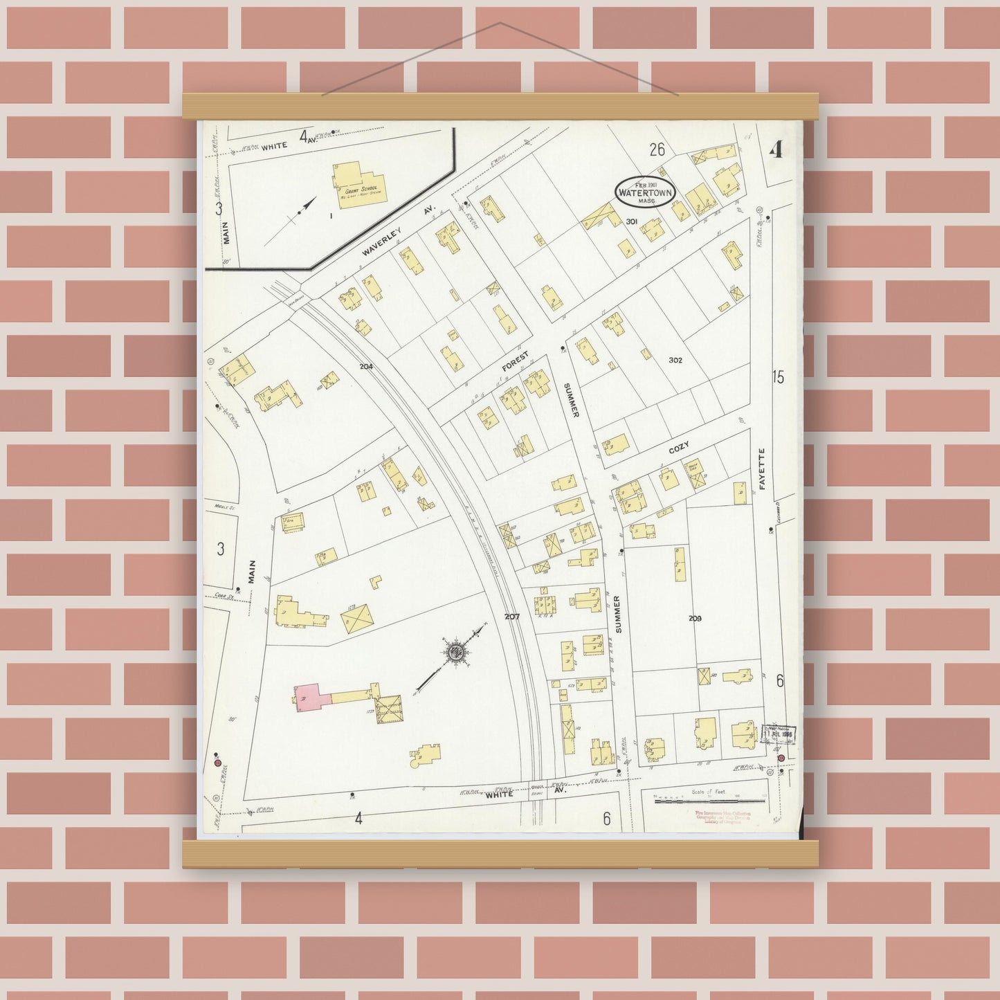 Old map wall art mockup — magnetic wood frame on brick wall — Sanborn Fire Insurance Map from Watertown, Middlesex County, Massachusetts (1911), Sheet #0004