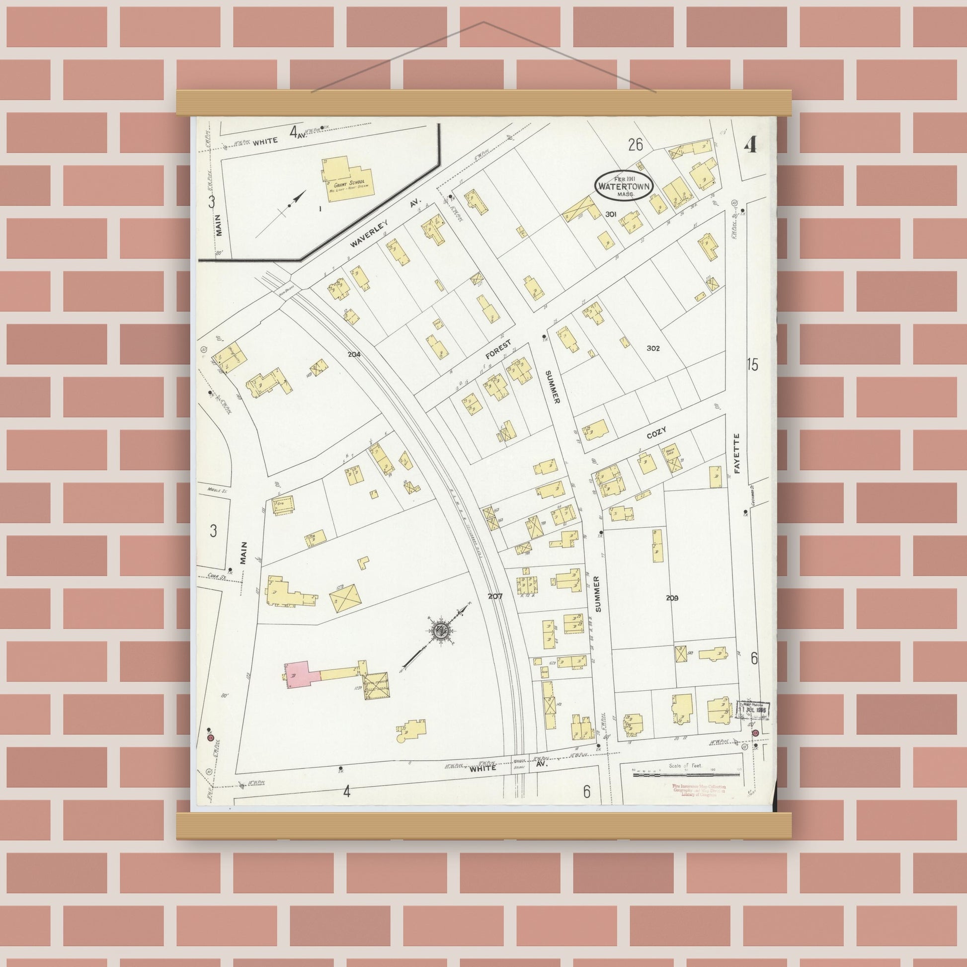 Old map wall art mockup — magnetic wood frame on brick wall — Sanborn Fire Insurance Map from Watertown, Middlesex County, Massachusetts (1911), Sheet #0004