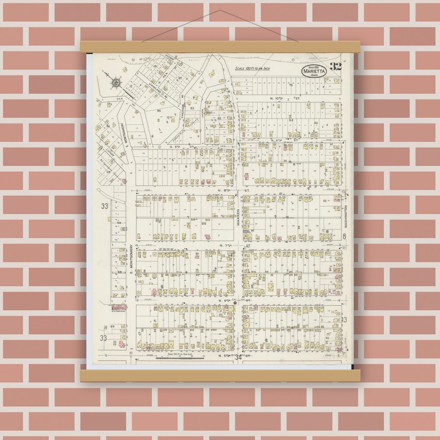 Old map wall art mockup — magnetic wood frame on brick wall — Sanborn Fire Insurance Map from Marietta, Washington County, Ohio (1915), Sheet #0032