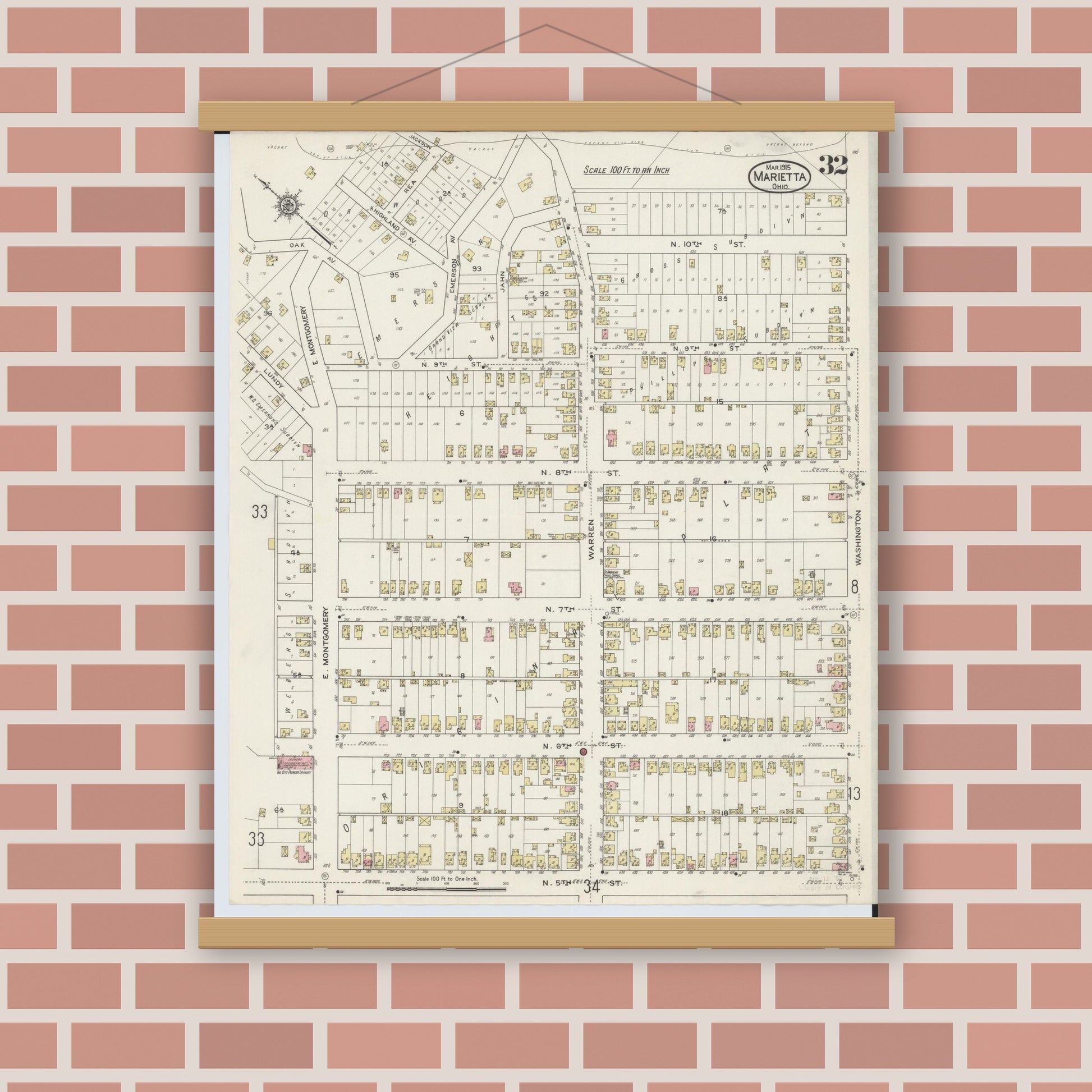 Old map wall art mockup — magnetic wood frame on brick wall — Sanborn Fire Insurance Map from Marietta, Washington County, Ohio (1915), Sheet #0032