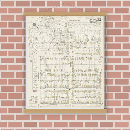 Old map wall art mockup — magnetic wood frame on brick wall — Sanborn Fire Insurance Map from Marietta, Washington County, Ohio (1915), Sheet #0032