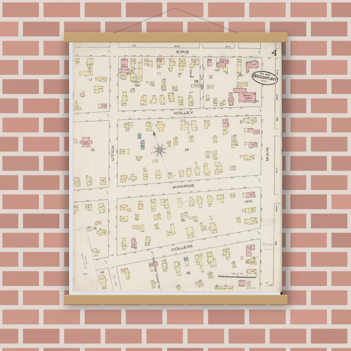 Old map wall art mockup — magnetic wood frame on brick wall — Sanborn Fire Insurance Map from Brockport, Monroe County, New York (1885), Sheet #0004