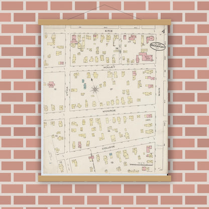 Old map wall art mockup — magnetic wood frame on brick wall — Sanborn Fire Insurance Map from Brockport, Monroe County, New York (1885), Sheet #0004