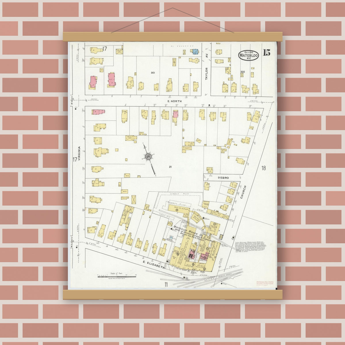 Old map wall art mockup — magnetic wood frame on brick wall — Sanborn Fire Insurance Map from Waterloo, Seneca County, New York (1918), Sheet #0015