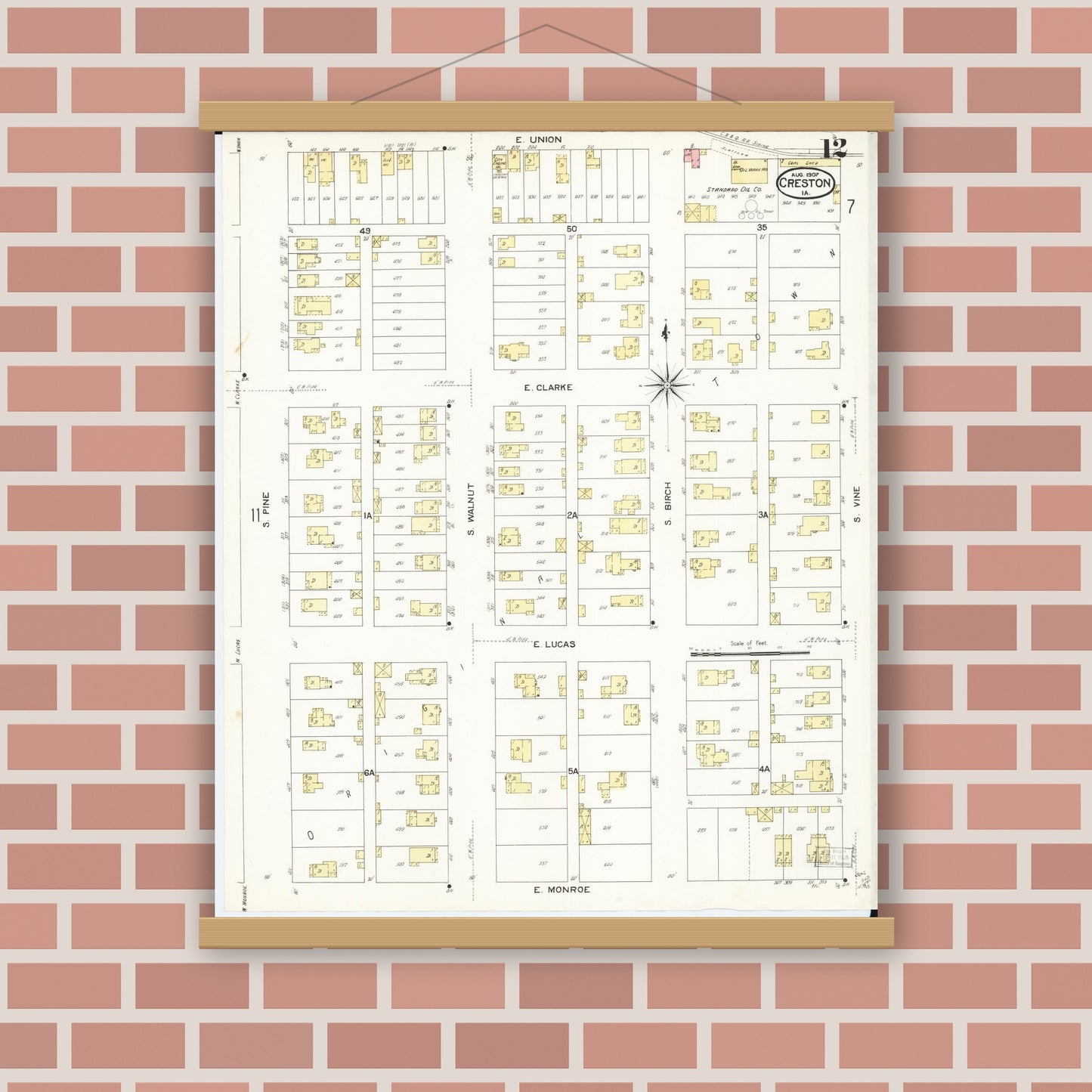 Old map wall art mockup — magnetic wood frame on brick wall — Sanborn Fire Insurance Map from Creston, Union County, Iowa (1907), Sheet #0012
