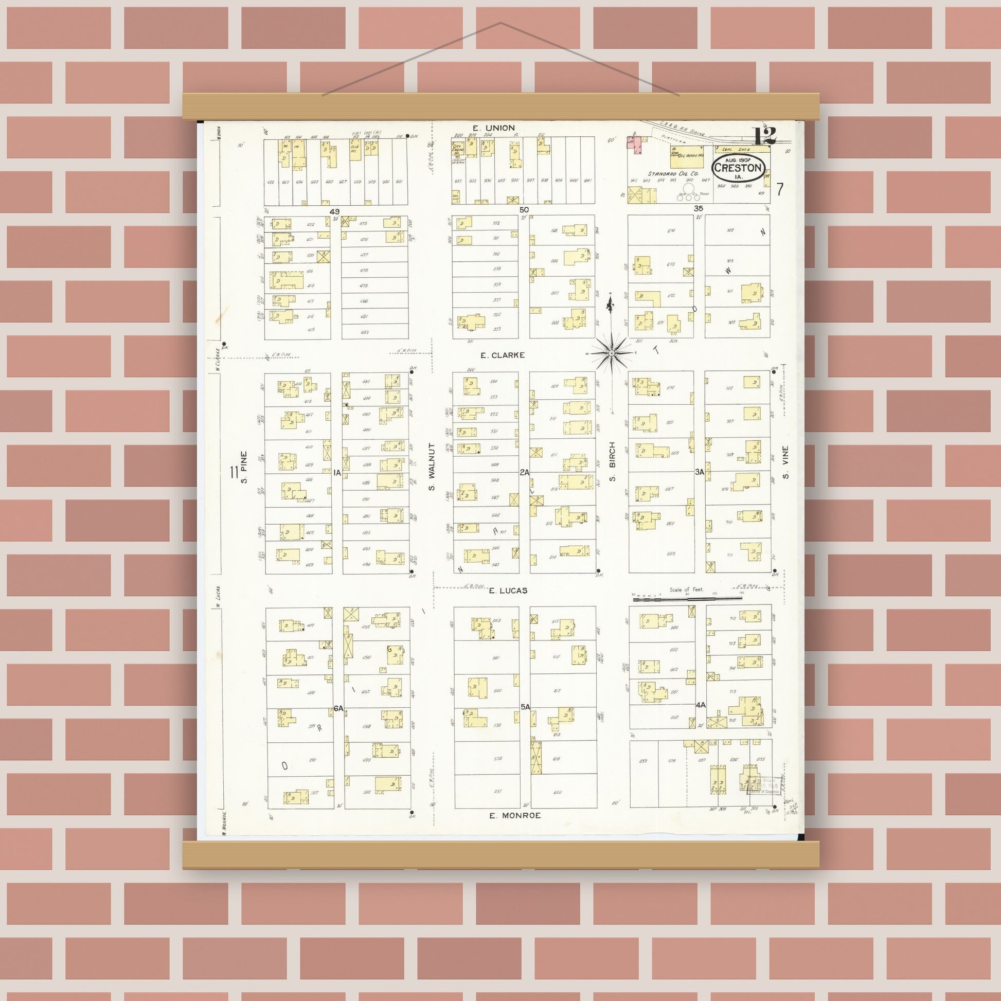 Old map wall art mockup — magnetic wood frame on brick wall — Sanborn Fire Insurance Map from Creston, Union County, Iowa (1907), Sheet #0012