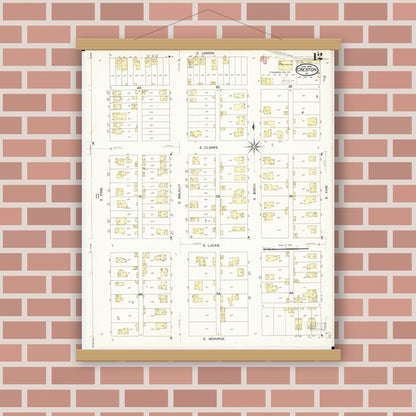 Old map wall art mockup — magnetic wood frame on brick wall — Sanborn Fire Insurance Map from Creston, Union County, Iowa (1907), Sheet #0012