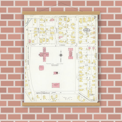 Old map wall art mockup — magnetic wood frame on brick wall — Sanborn Fire Insurance Map from Franklin, Johnson County, Indiana (1910), Sheet #0007