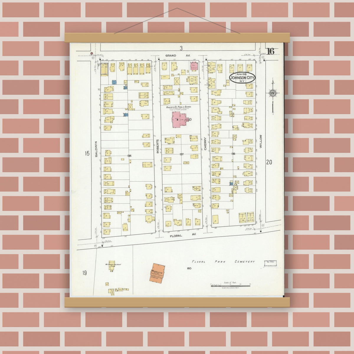 Old map wall art mockup — magnetic wood frame on brick wall — Sanborn Fire Insurance Map from Johnson City, Broome County, New York (1918), Sheet #0016