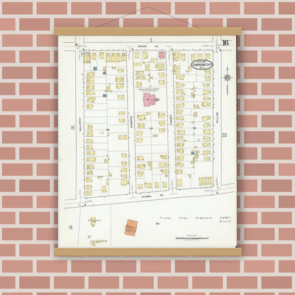 Old map wall art mockup — magnetic wood frame on brick wall — Sanborn Fire Insurance Map from Johnson City, Broome County, New York (1918), Sheet #0016