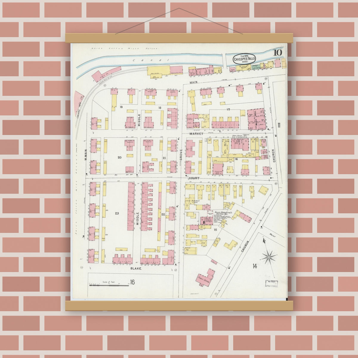 Old map wall art mockup — magnetic wood frame on brick wall — Sanborn Fire Insurance Map from Chicopee, Hampden County, Massachusetts (1896), Sheet #0010