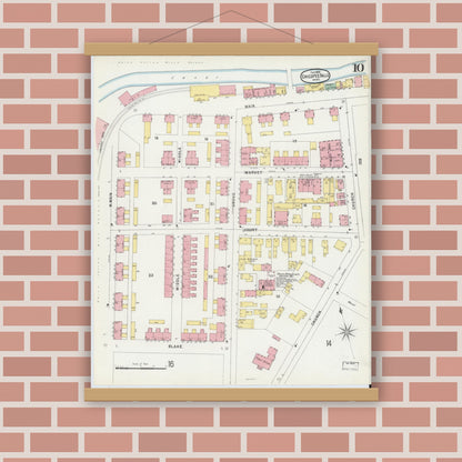 Old map wall art mockup — magnetic wood frame on brick wall — Sanborn Fire Insurance Map from Chicopee, Hampden County, Massachusetts (1896), Sheet #0010