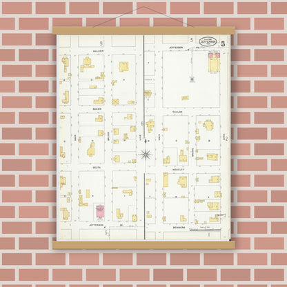 Old map wall art mockup — magnetic wood frame on brick wall — Sanborn Fire Insurance Map from Jefferson, Marion County, Texas (1906), Sheet #0005