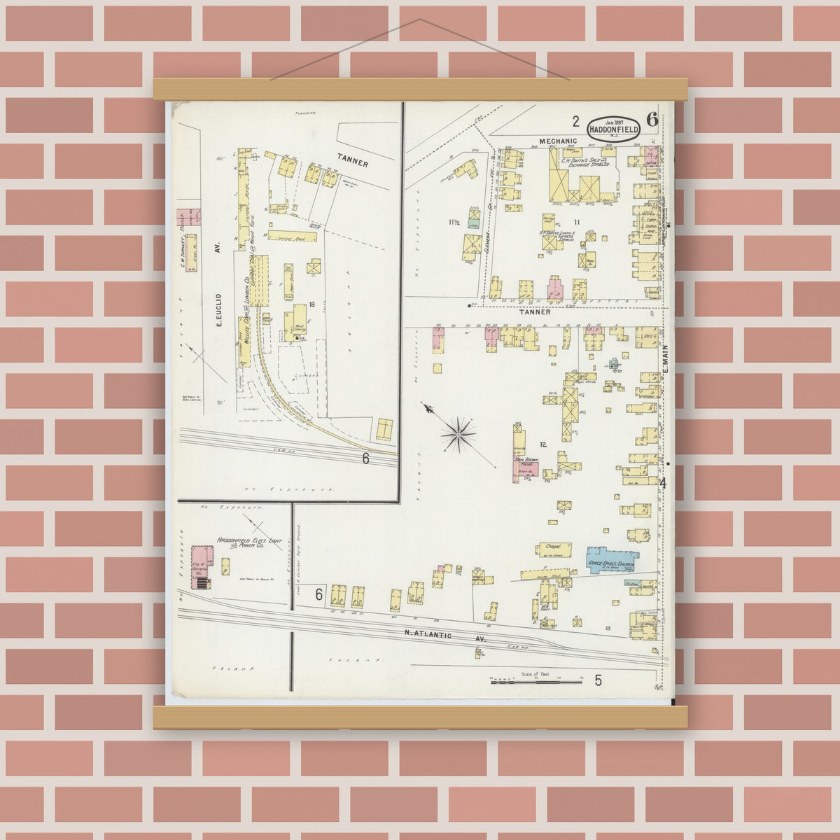 Old map wall art mockup — magnetic wood frame on brick wall — Sanborn Fire Insurance Map from Haddonfield, Camden County, New Jersey (1897), Sheet #0006