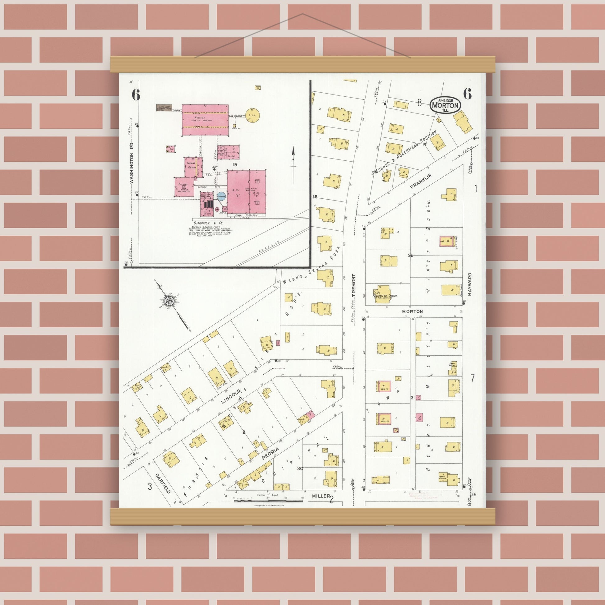 Old map wall art mockup — magnetic wood frame on brick wall — Sanborn Fire Insurance Map from Morton, Tazewell County, Illinois (1926), Sheet #0006