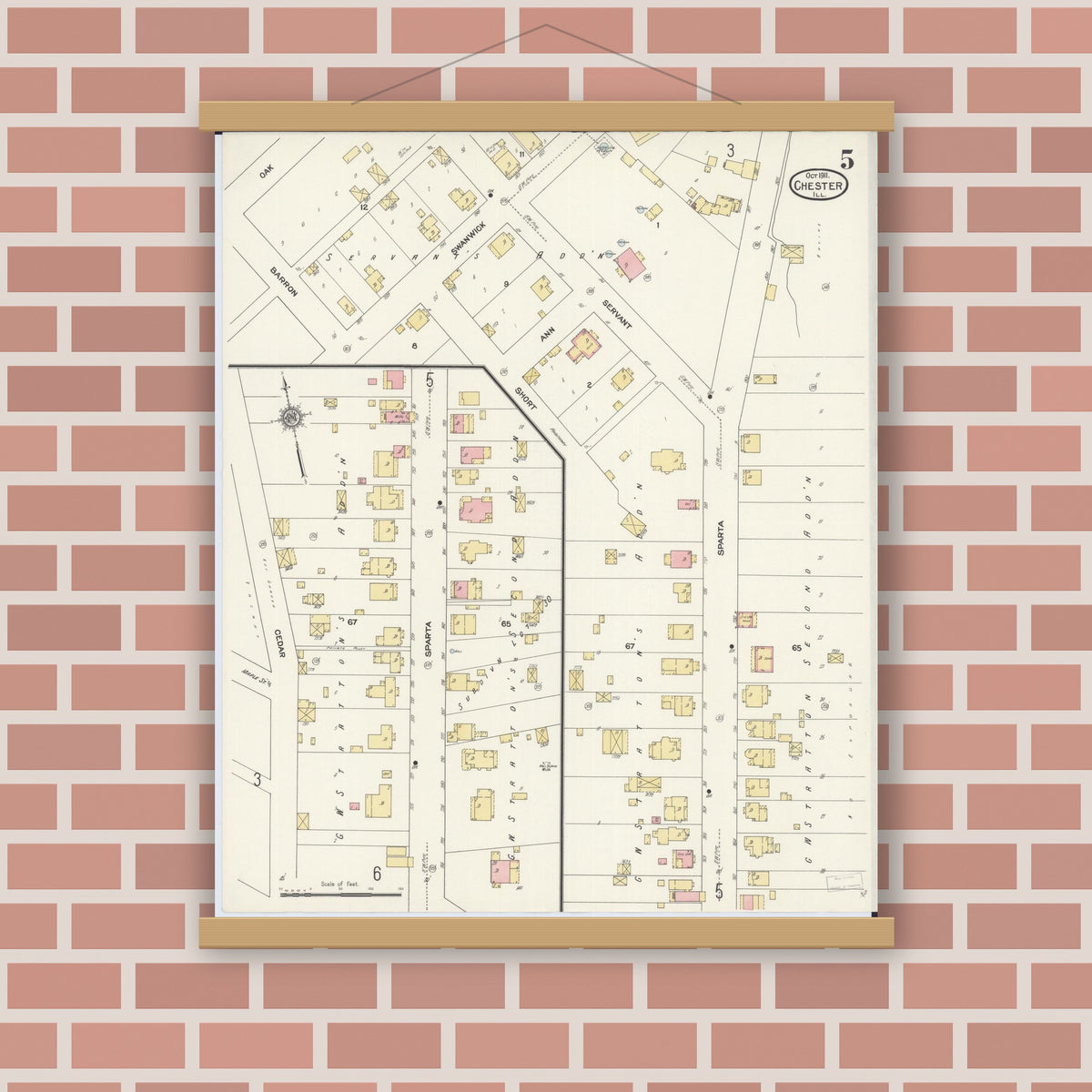Old map wall art mockup — magnetic wood frame on brick wall — Sanborn Fire Insurance Map from Chester, Randolph County, Illinois (1911), Sheet #0005