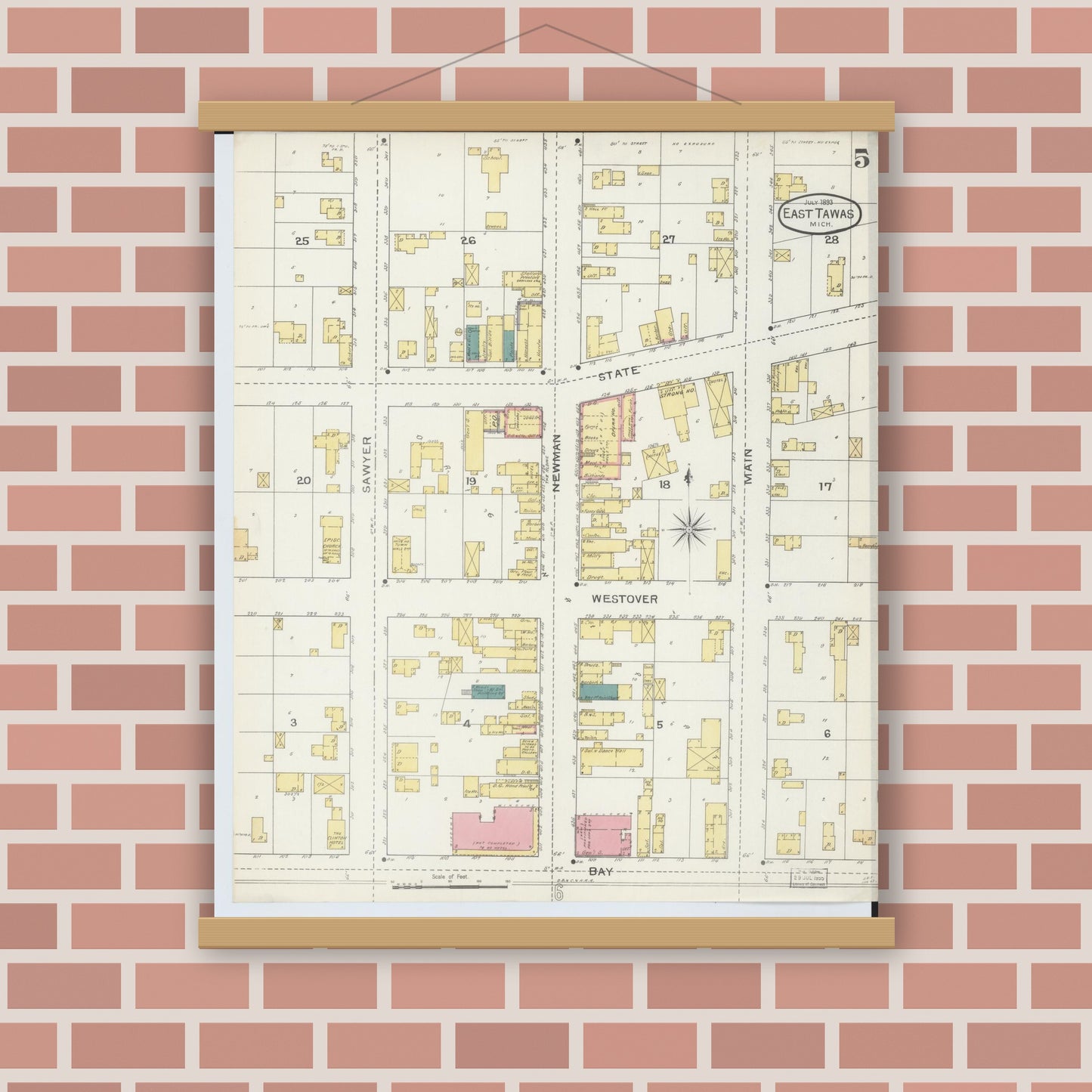 Old map wall art mockup — magnetic wood frame on brick wall — Sanborn Fire Insurance Map from East Tawas, Iosco County, Michigan (1893), Sheet #0005