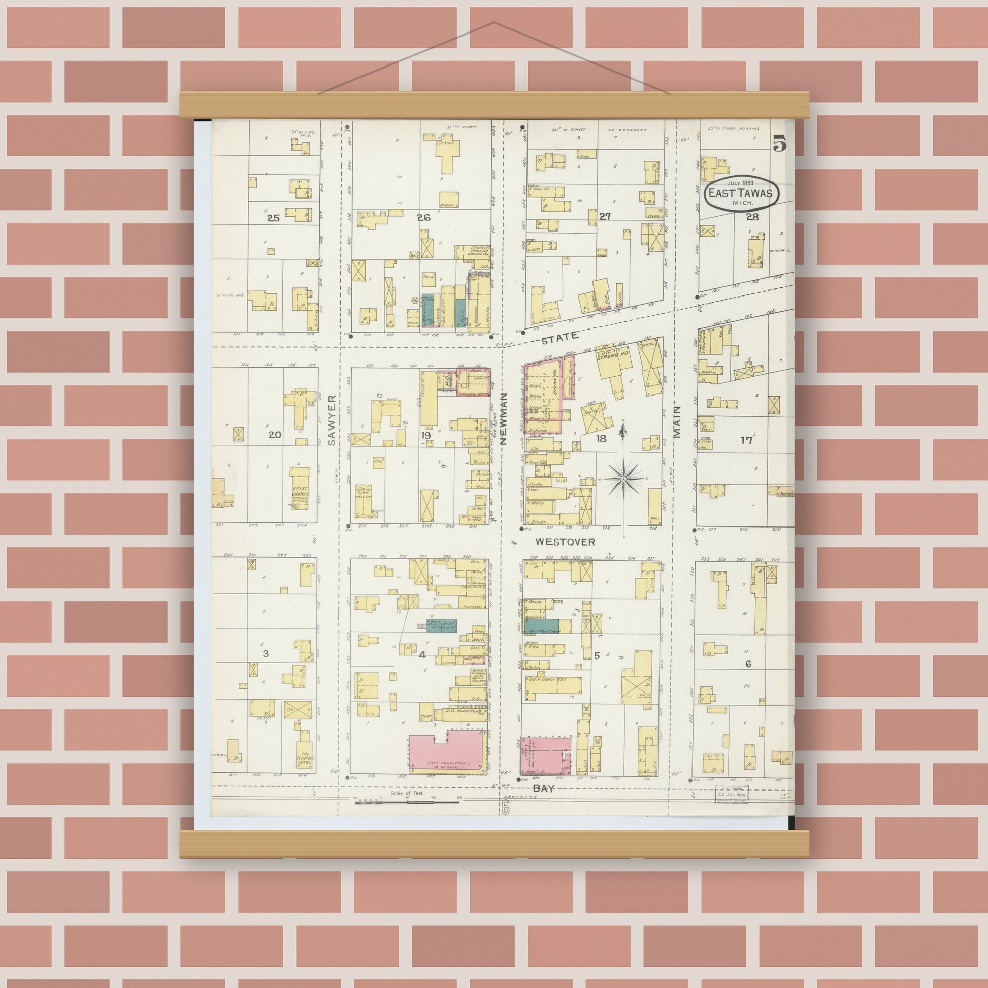 Old map wall art mockup — magnetic wood frame on brick wall — Sanborn Fire Insurance Map from East Tawas, Iosco County, Michigan (1893), Sheet #0005