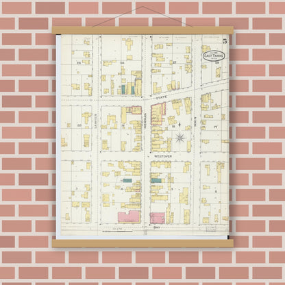 Old map wall art mockup — magnetic wood frame on brick wall — Sanborn Fire Insurance Map from East Tawas, Iosco County, Michigan (1893), Sheet #0005