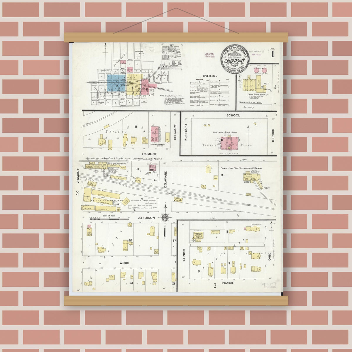 Old map wall art mockup — magnetic wood frame on brick wall — Sanborn Fire Insurance Map from Camp Point, Adams County, Illinois (1910) - Complete Map Set