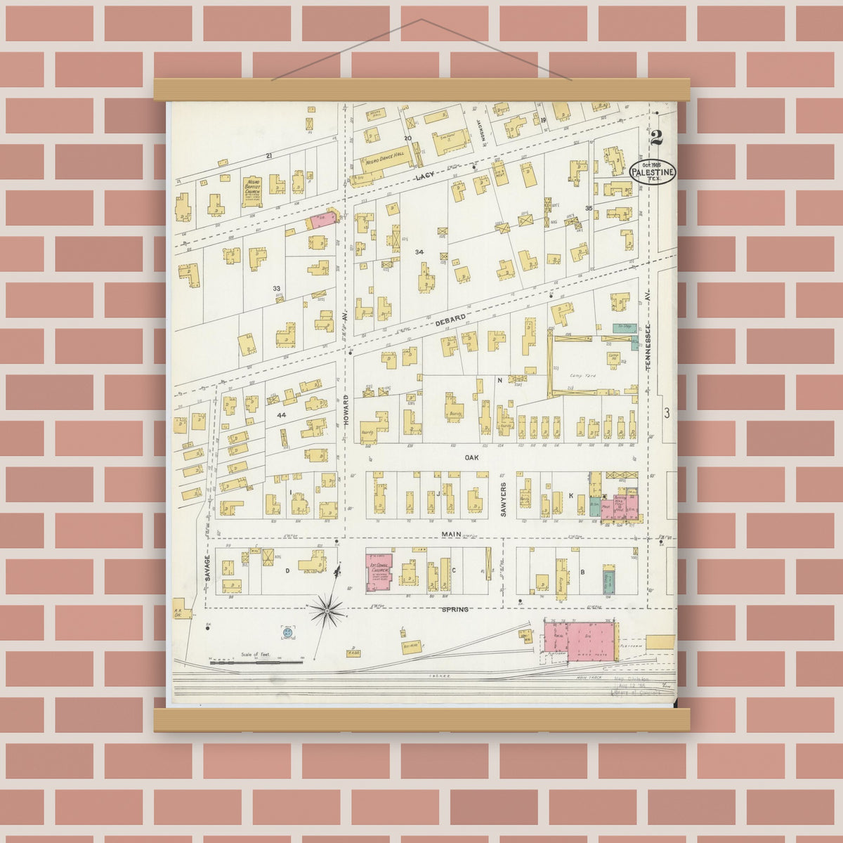 Old map wall art mockup — magnetic wood frame on brick wall — Sanborn Fire Insurance Map from Palestine, Anderson County, Texas (1905), Sheet #0002