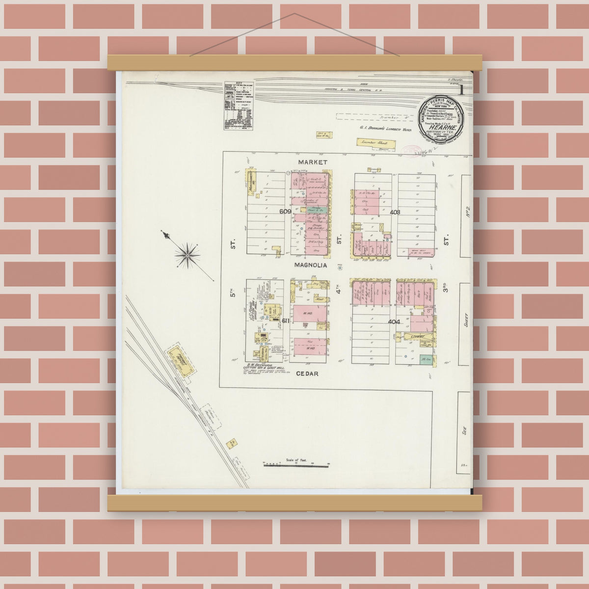 Old map wall art mockup — magnetic wood frame on brick wall — Sanborn Fire Insurance Map from Hearne, Robertson County, Texas (1891) - Complete Map Set