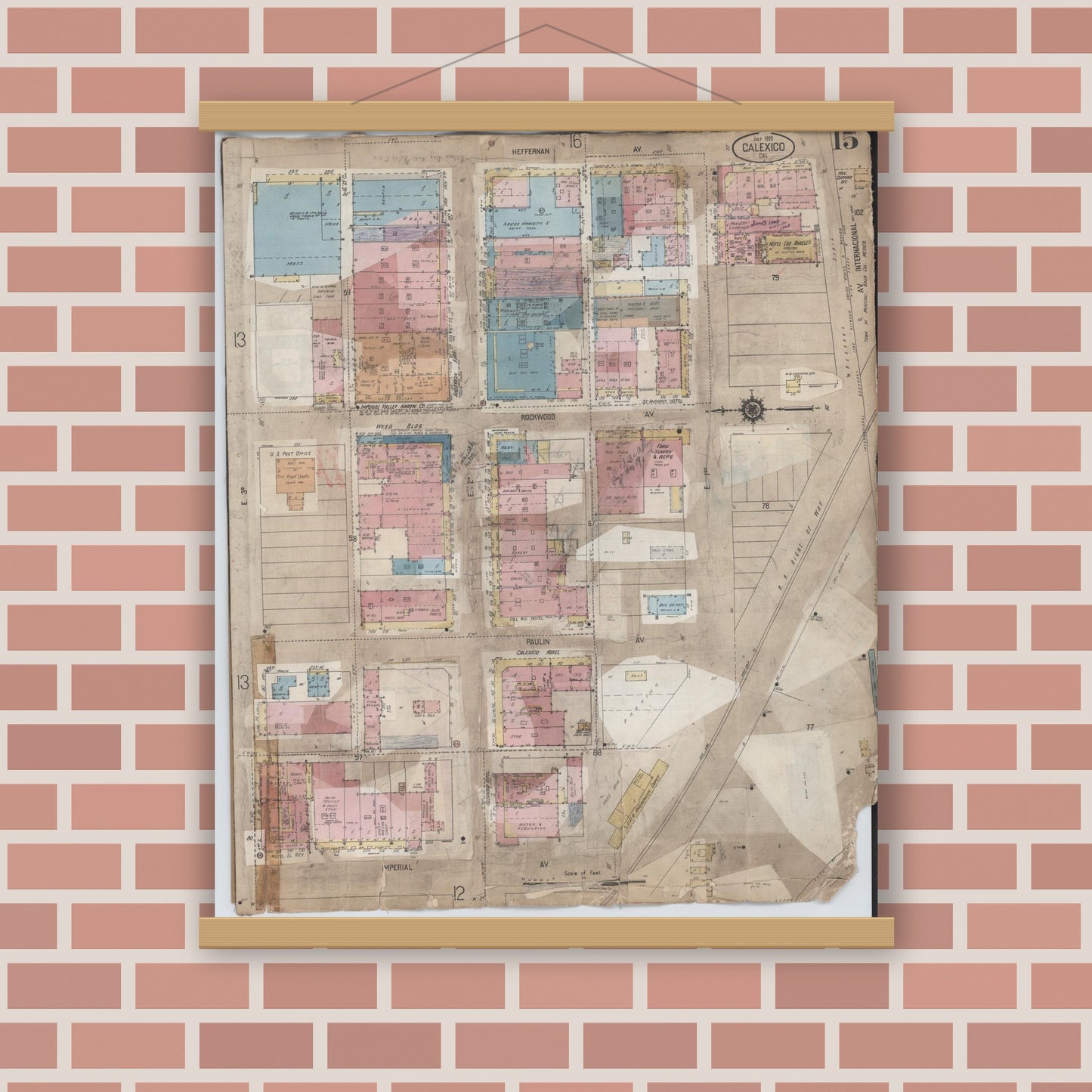 Old map wall art mockup — magnetic wood frame on brick wall — Sanborn Fire Insurance Map from Calexico, Imperial County, California (1956), Sheet #0015