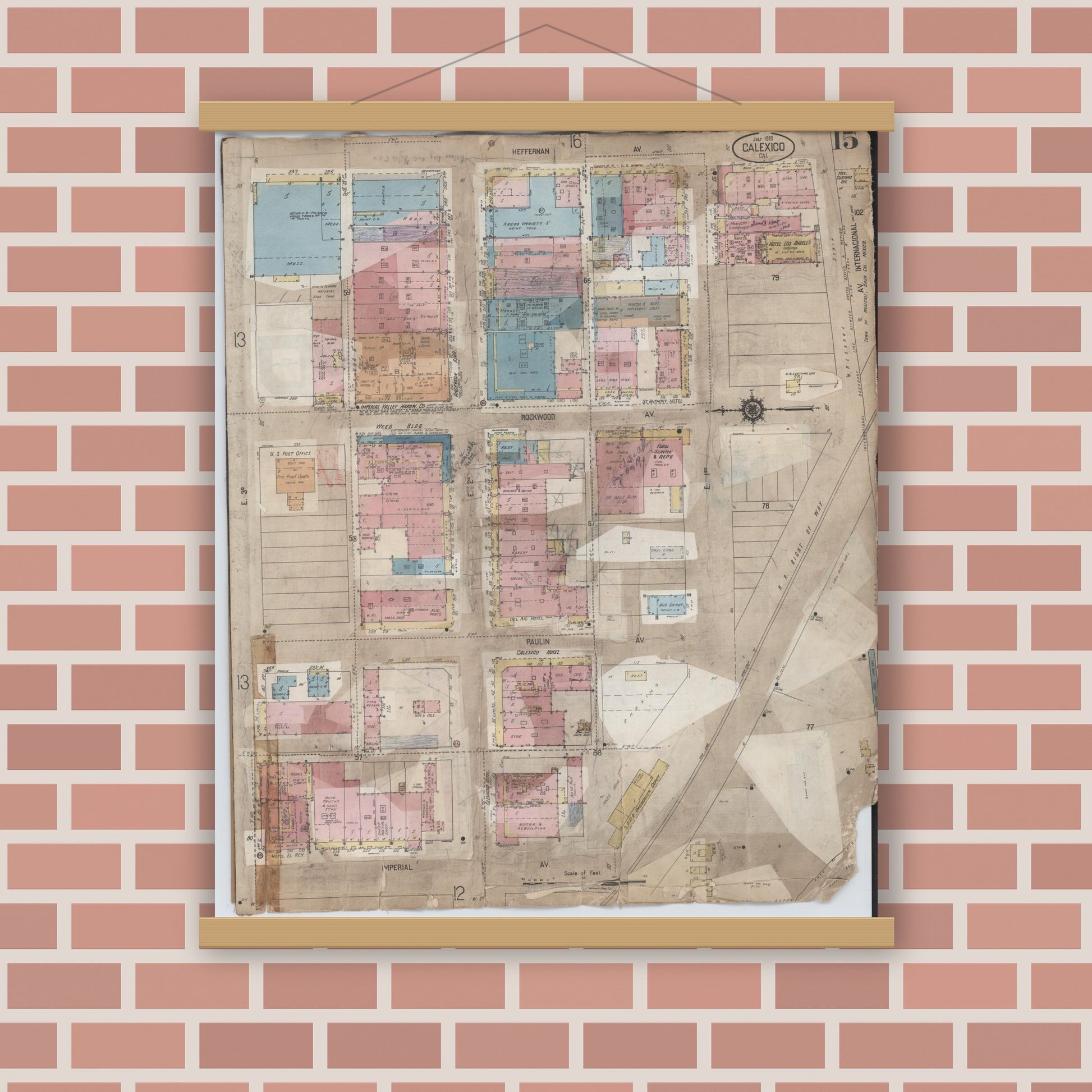 Old map wall art mockup — magnetic wood frame on brick wall — Sanborn Fire Insurance Map from Calexico, Imperial County, California (1956), Sheet #0015