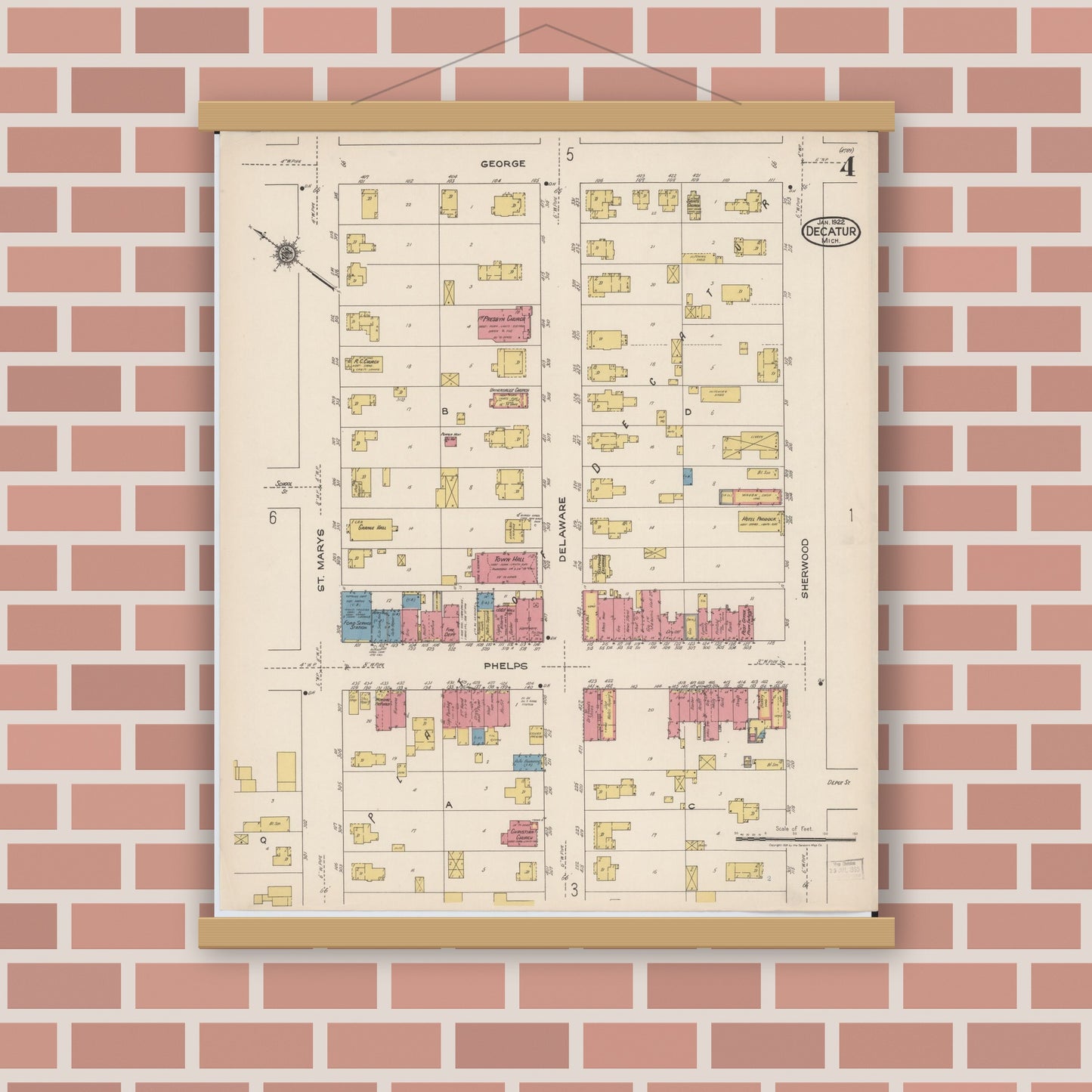 Old map wall art mockup — magnetic wood frame on brick wall — Sanborn Fire Insurance Map from Decatur, Van Buren County, Michigan (1922), Sheet #0004