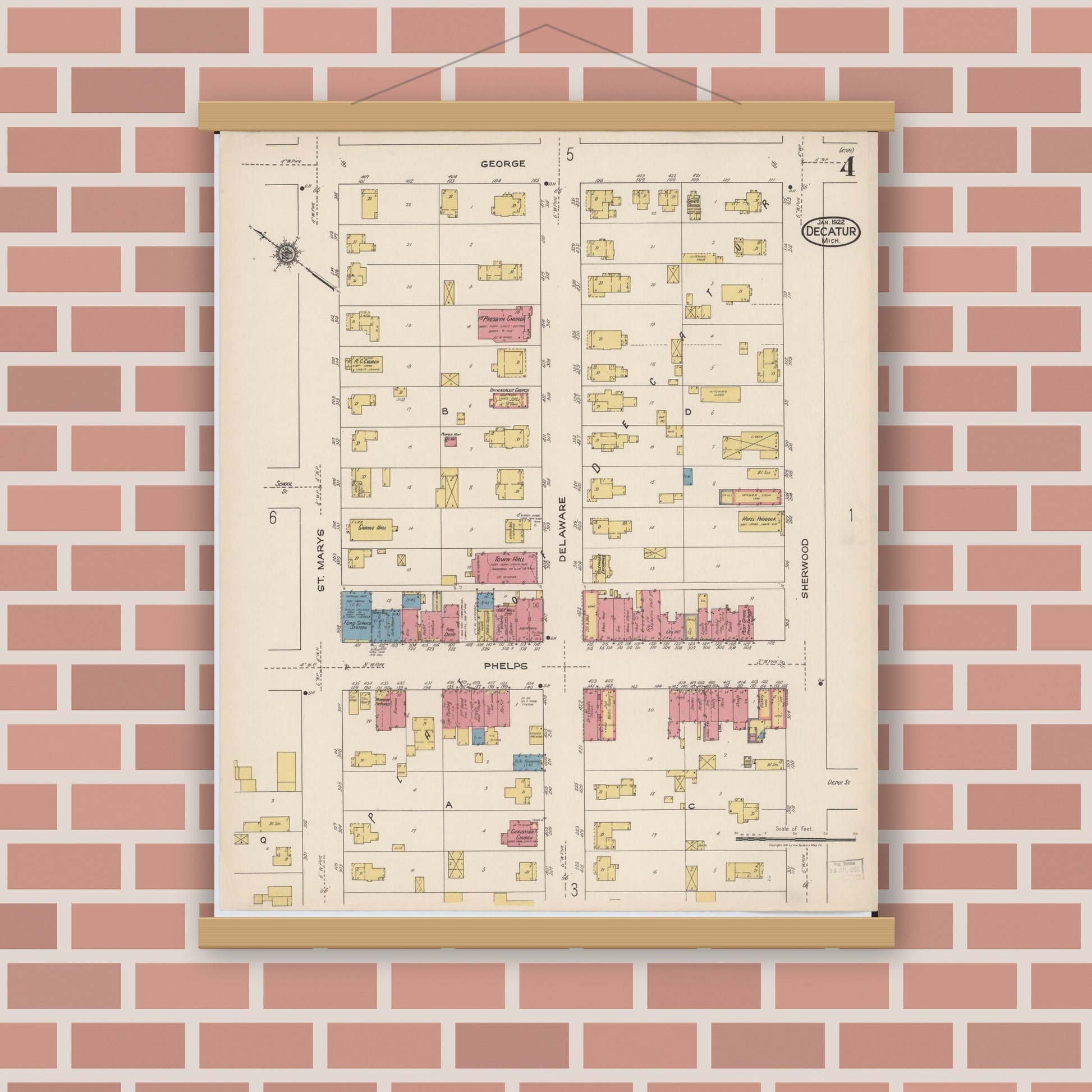 Old map wall art mockup — magnetic wood frame on brick wall — Sanborn Fire Insurance Map from Decatur, Van Buren County, Michigan (1922), Sheet #0004