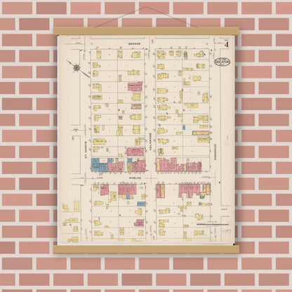 Old map wall art mockup — magnetic wood frame on brick wall — Sanborn Fire Insurance Map from Decatur, Van Buren County, Michigan (1922), Sheet #0004