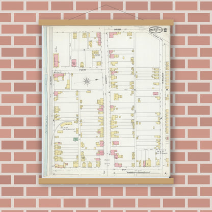 Old map wall art mockup — magnetic wood frame on brick wall — Sanborn Fire Insurance Map from Marietta, Lancaster County, Pennsylvania (1896), Sheet #0002
