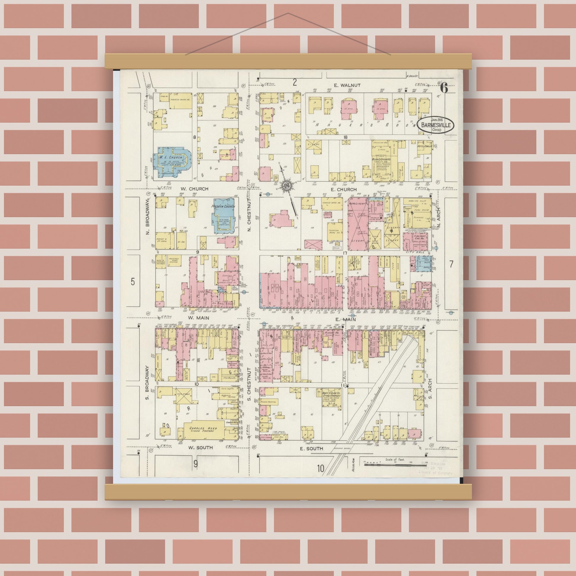 Old map wall art mockup — magnetic wood frame on brick wall — Sanborn Fire Insurance Map from Barnesville, Belmont County, Ohio (1915), Sheet #0006