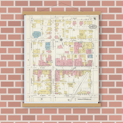 Old map wall art mockup — magnetic wood frame on brick wall — Sanborn Fire Insurance Map from Barnesville, Belmont County, Ohio (1915), Sheet #0006