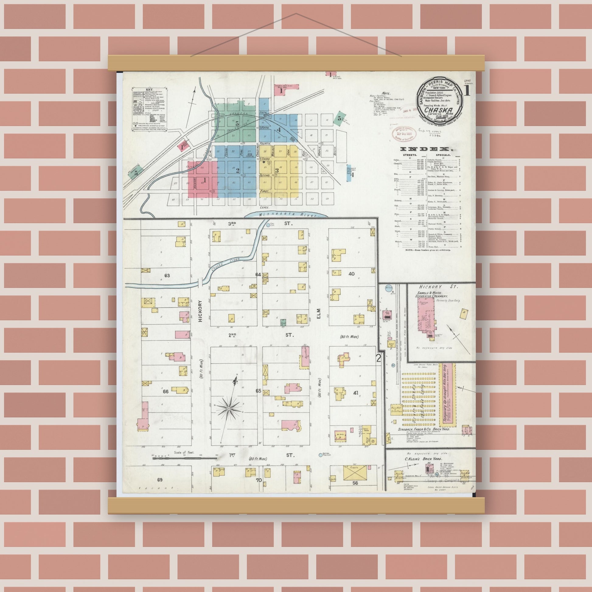 Old map wall art mockup — magnetic wood frame on brick wall — Sanborn Fire Insurance Map from Chaska, Carver County, Minnesota (1899) - Complete Map Set