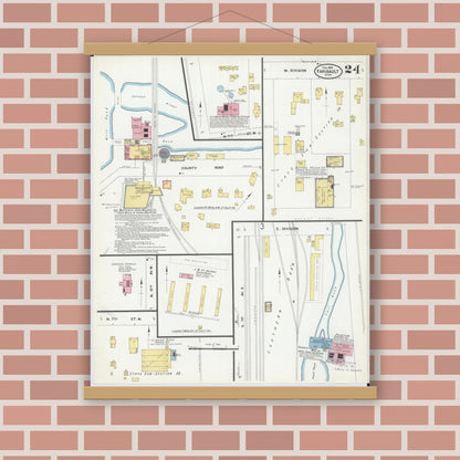 Old map wall art mockup — magnetic wood frame on brick wall — Sanborn Fire Insurance Map from Faribault, Rice County, Minnesota (1909), Sheet #0024