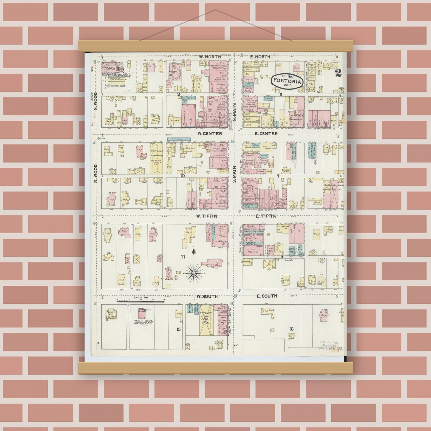 Old map wall art mockup — magnetic wood frame on brick wall — Sanborn Fire Insurance Map from Fostoria, Seneca, Hancock, And Wood Counties, Ohio (1891), Sheet #0002