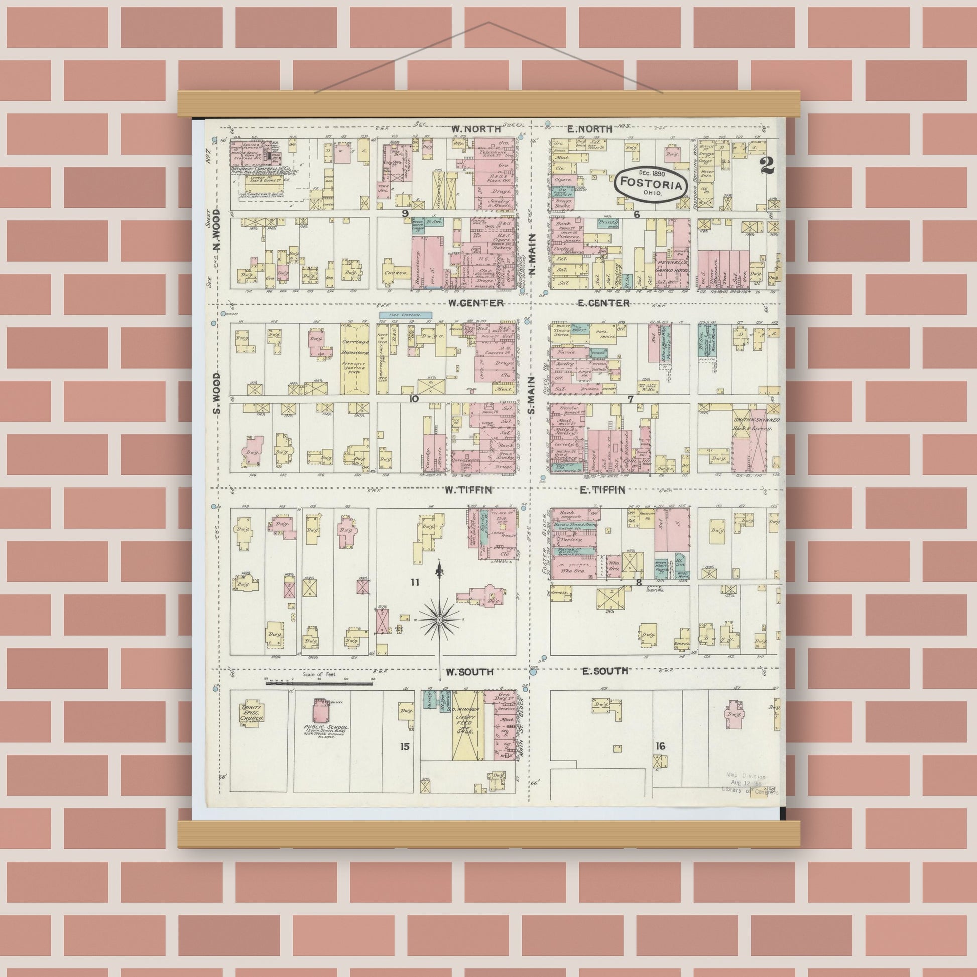 Old map wall art mockup — magnetic wood frame on brick wall — Sanborn Fire Insurance Map from Fostoria, Seneca, Hancock, And Wood Counties, Ohio (1891), Sheet #0002
