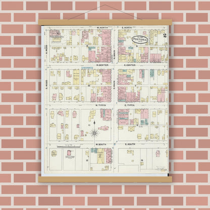 Old map wall art mockup — magnetic wood frame on brick wall — Sanborn Fire Insurance Map from Fostoria, Seneca, Hancock, And Wood Counties, Ohio (1891), Sheet #0002