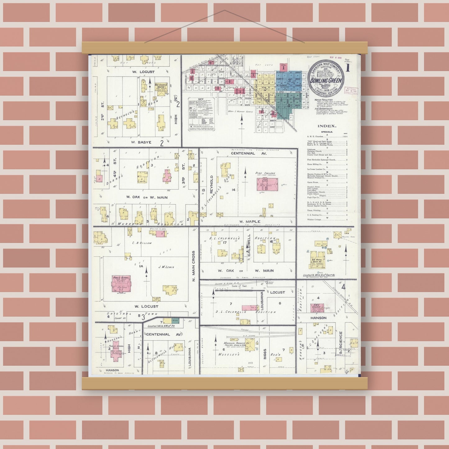 Old map wall art mockup — magnetic wood frame on brick wall — Sanborn Fire Insurance Map from Bowling Green, Pike County, Missouri (1909) - Complete Map Set
