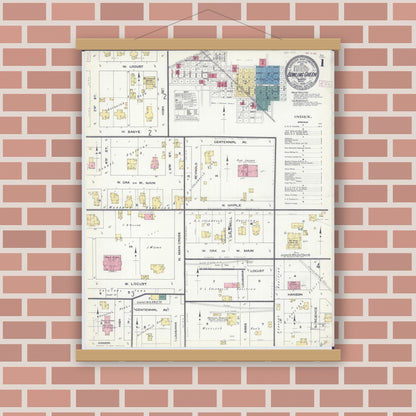 Old map wall art mockup — magnetic wood frame on brick wall — Sanborn Fire Insurance Map from Bowling Green, Pike County, Missouri (1909) - Complete Map Set