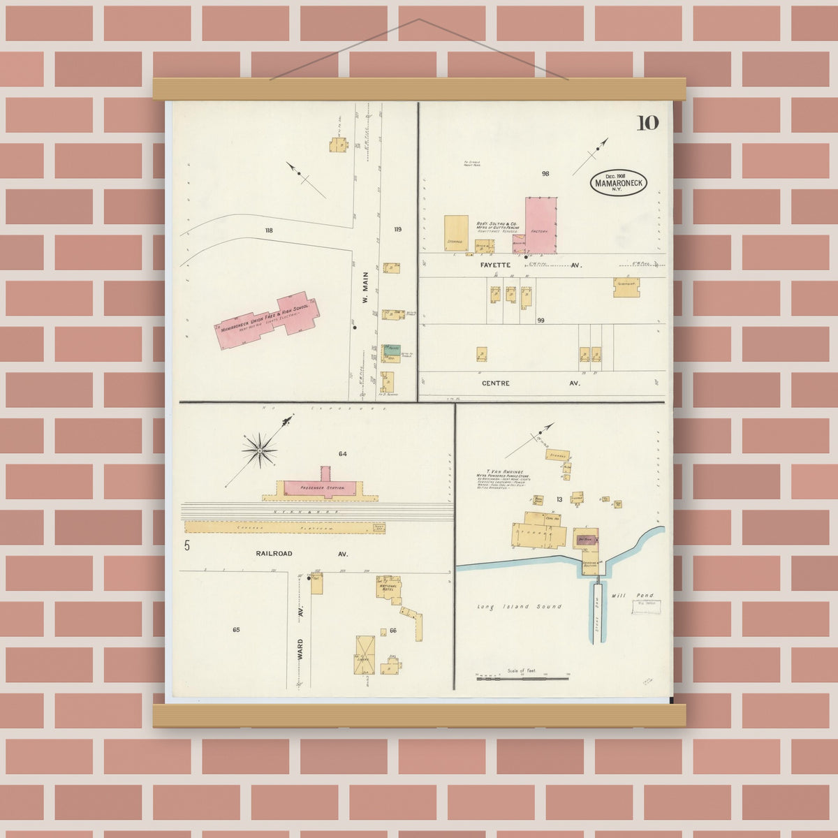 Old map wall art mockup — magnetic wood frame on brick wall — Sanborn Fire Insurance Map from Mamaroneck, Westchester County, New York (1908), Sheet #0010