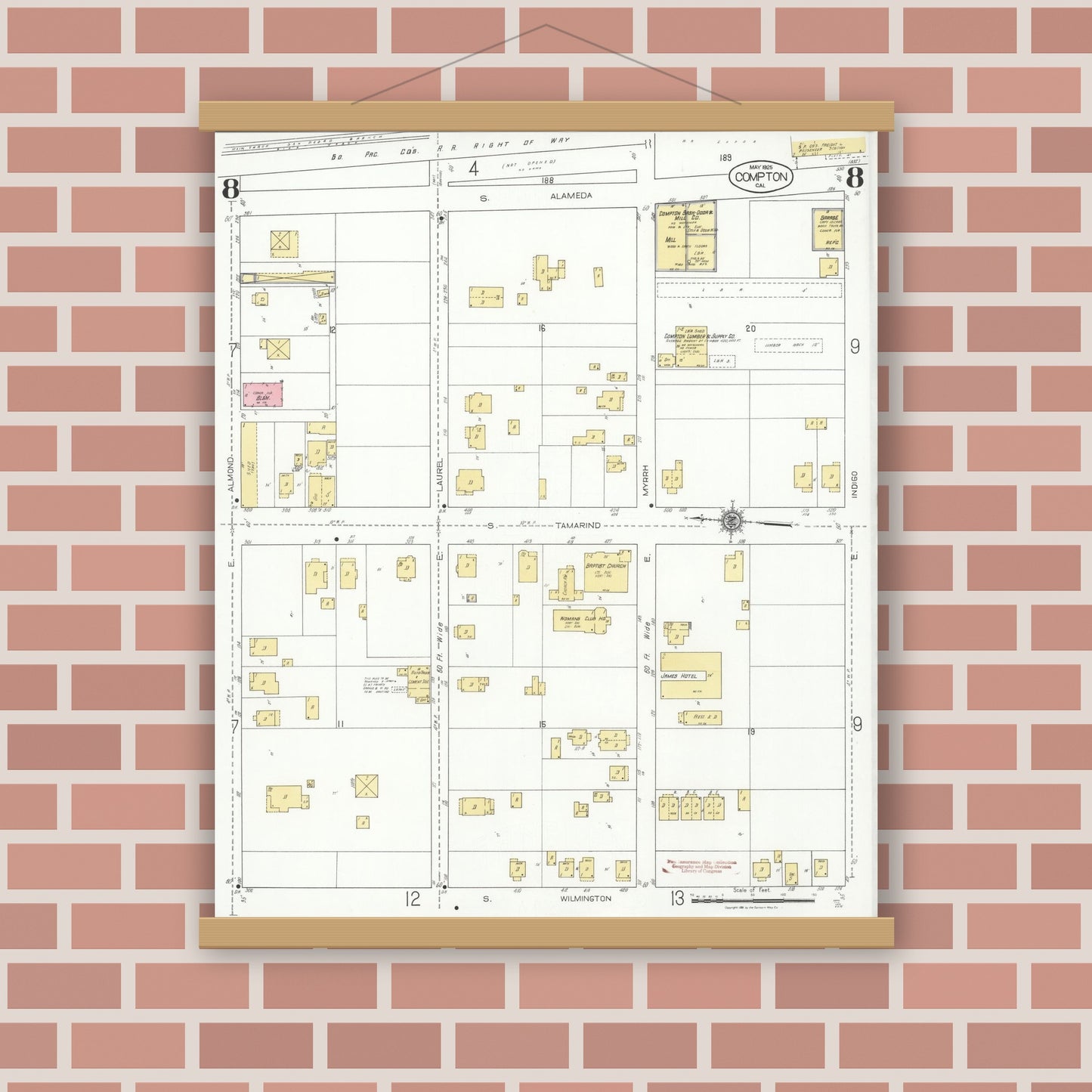 Old map wall art mockup — magnetic wood frame on brick wall — Sanborn Fire Insurance Map from Compton, Los Angeles County, California (1925), Sheet #0008