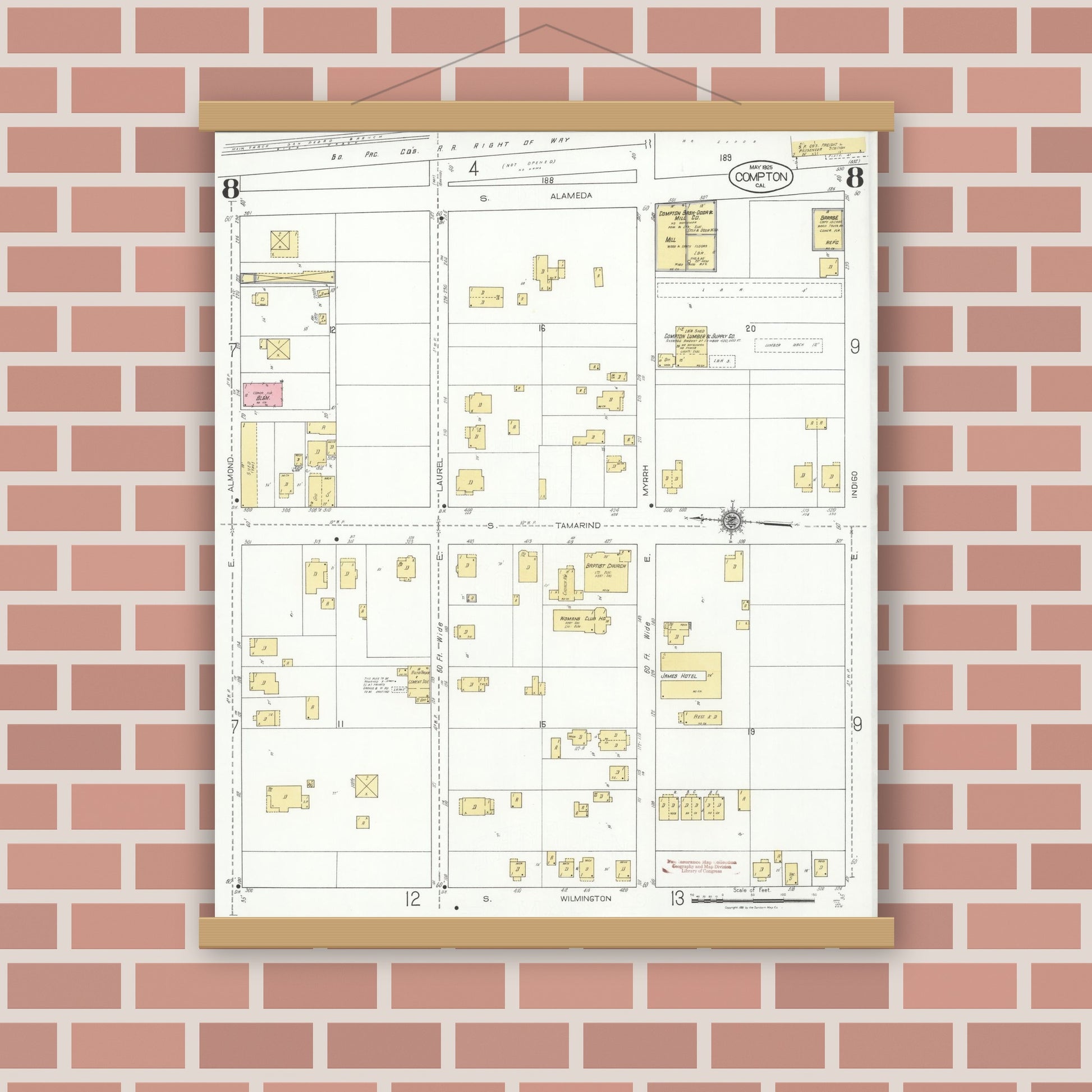 Old map wall art mockup — magnetic wood frame on brick wall — Sanborn Fire Insurance Map from Compton, Los Angeles County, California (1925), Sheet #0008