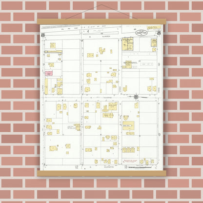 Old map wall art mockup — magnetic wood frame on brick wall — Sanborn Fire Insurance Map from Compton, Los Angeles County, California (1925), Sheet #0008