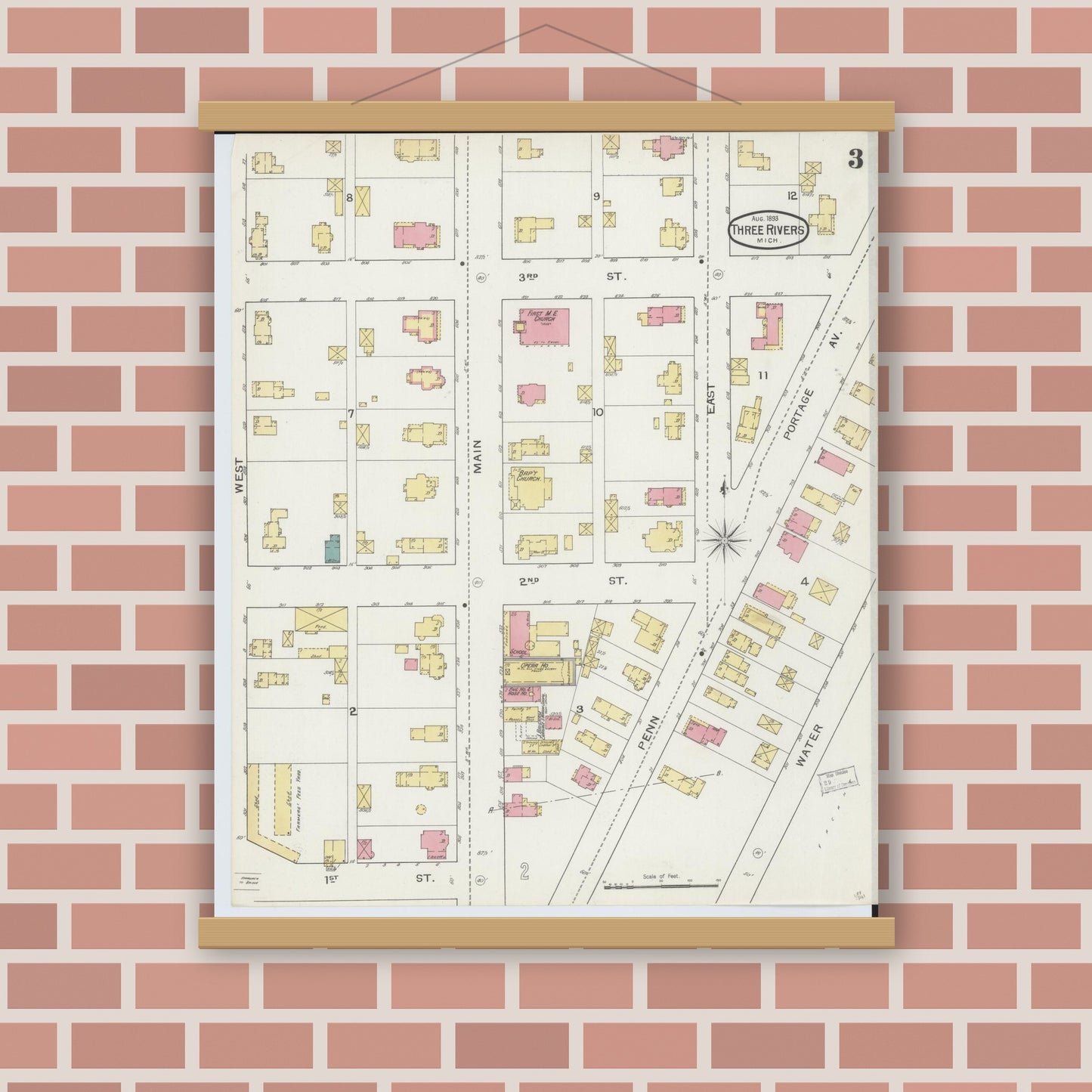 Old map wall art mockup — magnetic wood frame on brick wall — Sanborn Fire Insurance Map from Three Rivers, Saint Joseph County, Michigan (1893), Sheet #0003