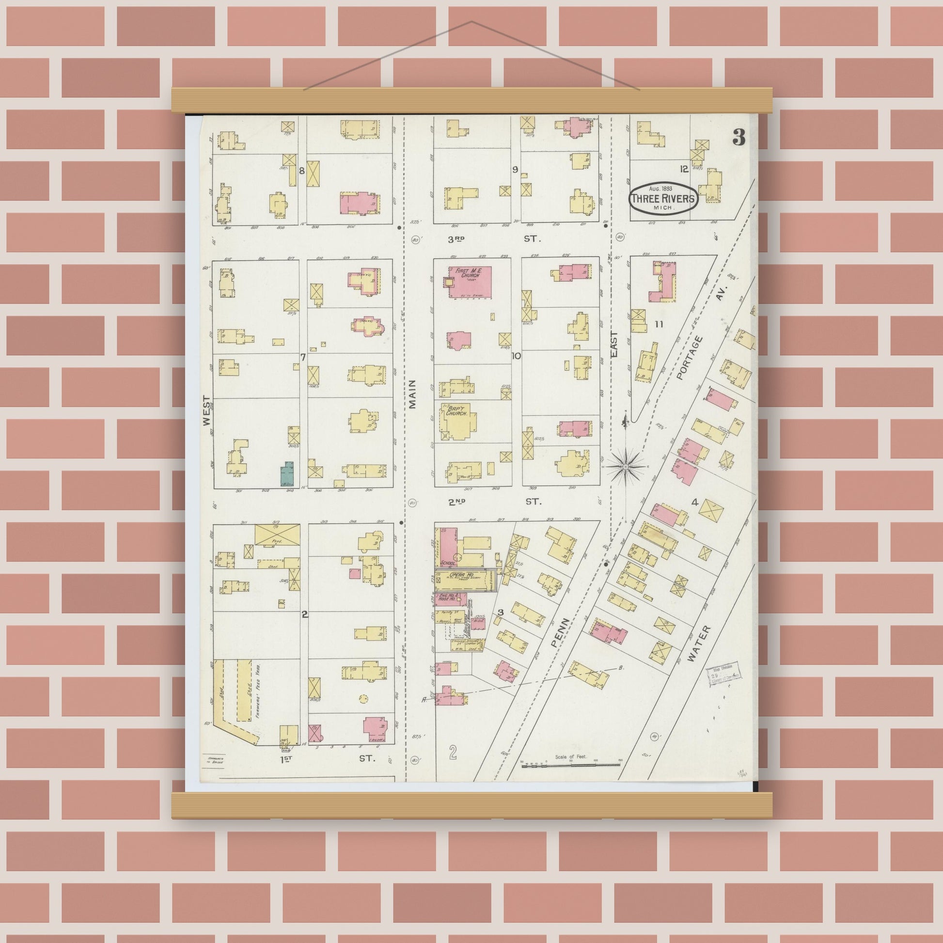 Old map wall art mockup — magnetic wood frame on brick wall — Sanborn Fire Insurance Map from Three Rivers, Saint Joseph County, Michigan (1893), Sheet #0003