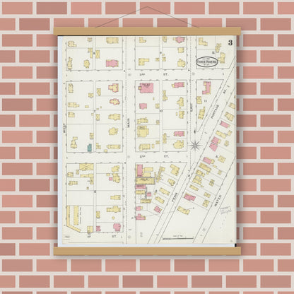 Old map wall art mockup — magnetic wood frame on brick wall — Sanborn Fire Insurance Map from Three Rivers, Saint Joseph County, Michigan (1893), Sheet #0003