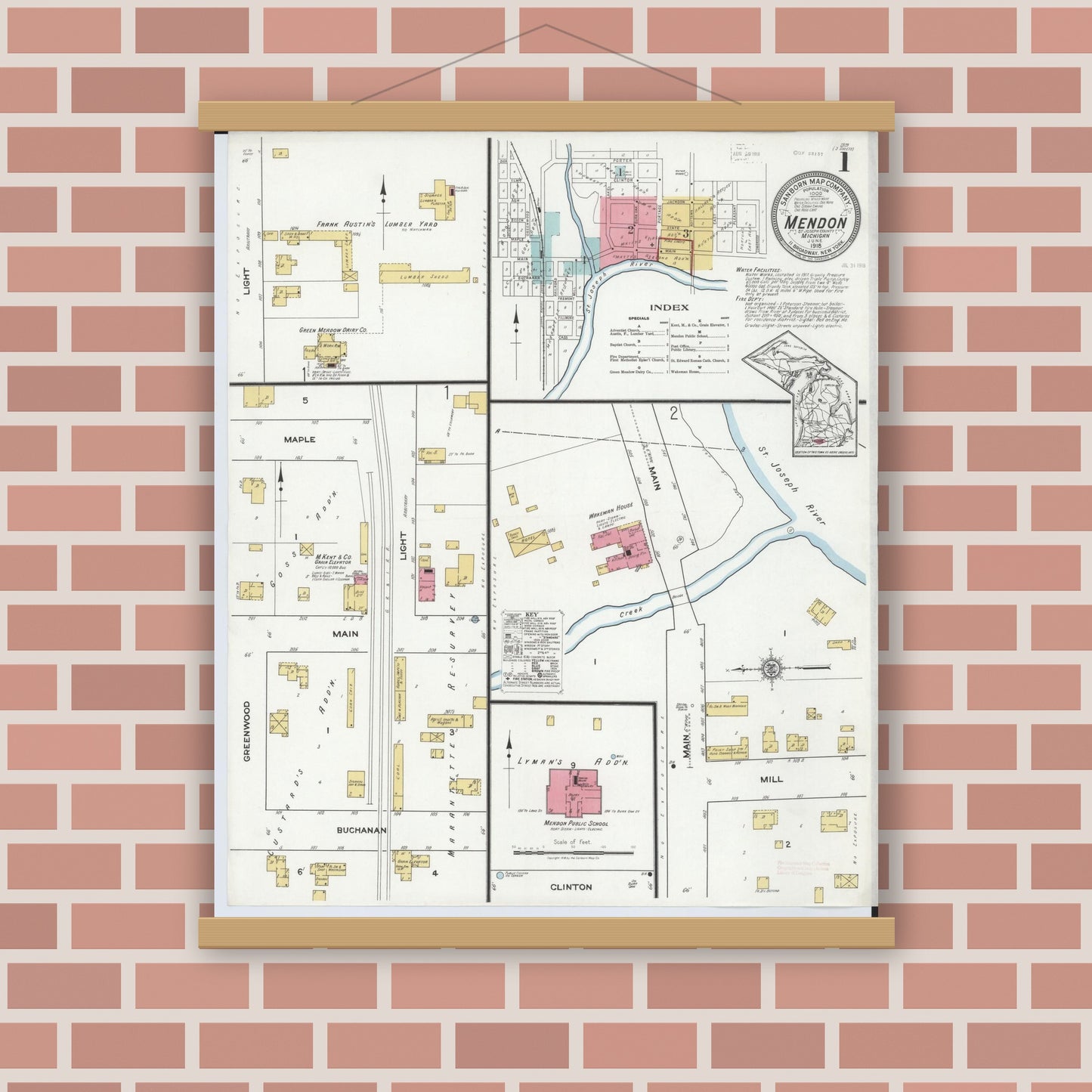 Old map wall art mockup — magnetic wood frame on brick wall — Sanborn Fire Insurance Map from Mendon, Saint Joseph County, Michigan (1918) - Complete Map Set